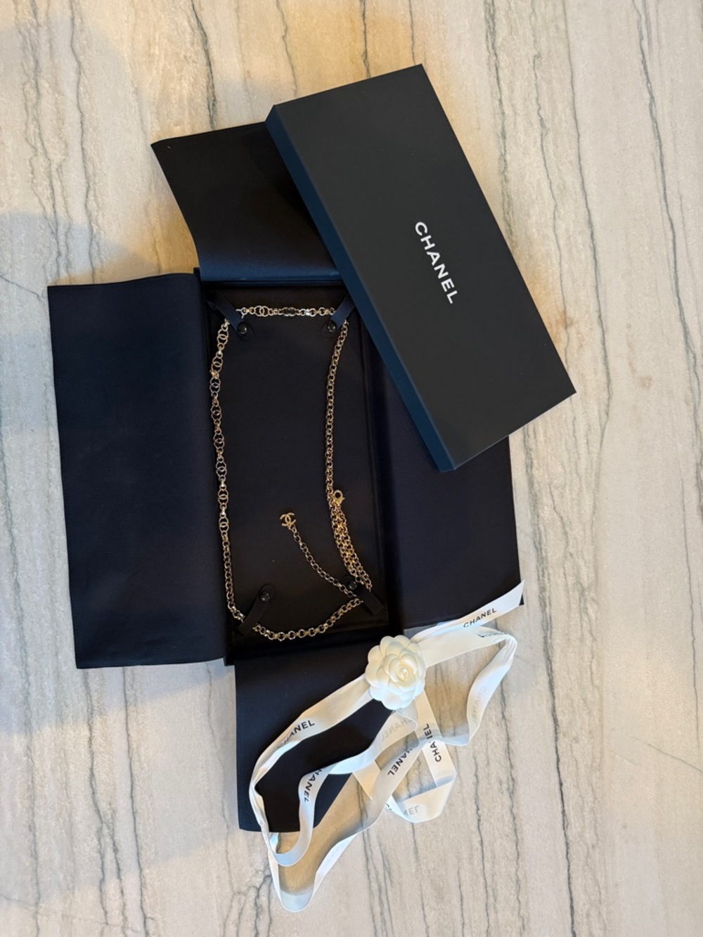 CHANEL Gift Box for Necklace/Belt With Camellia Ribbon - Jewelry NOT INCLUDED